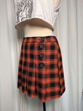 Zara Black and Orange Plaid Button-Detail Skater Skirt